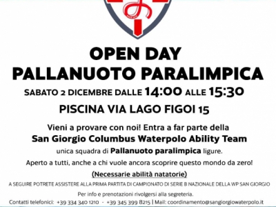Domani l'Open day di pallanuoto paralimpica della San Giorgio Columbus Waterpolo Ability Team